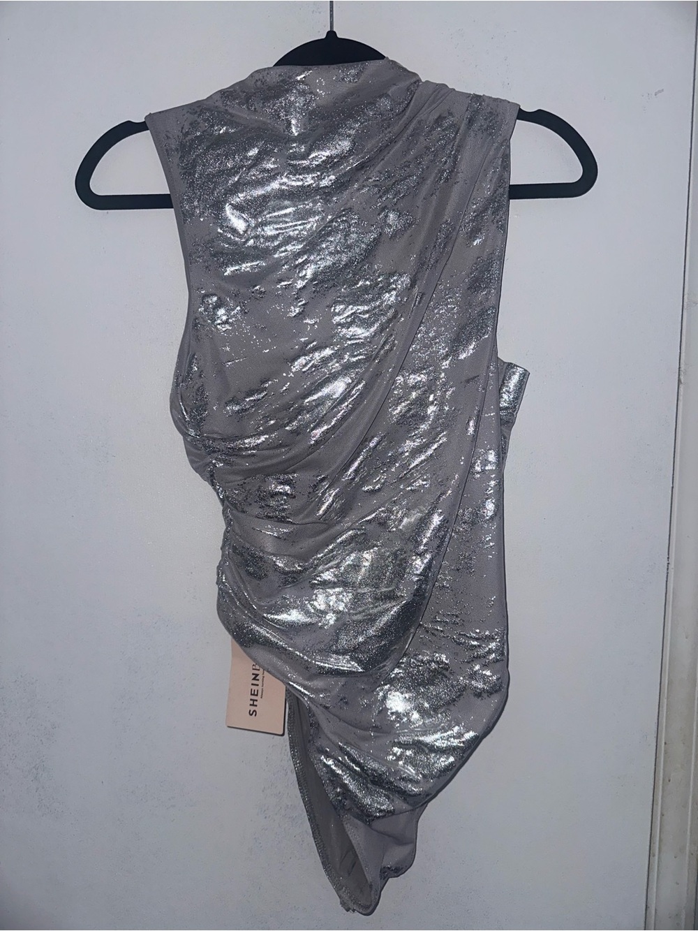 SHEIN Silver Metallic Draped Bodysuit